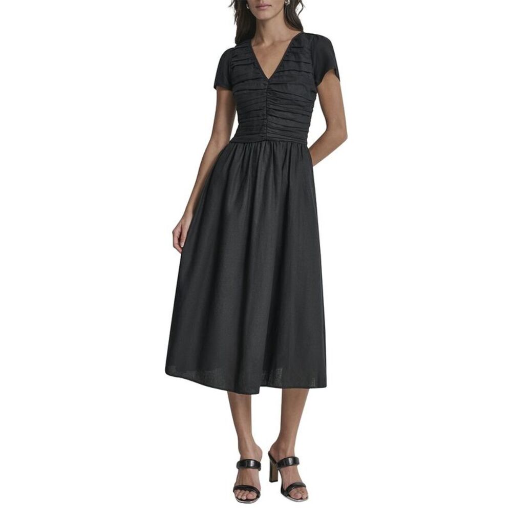 Dkny Womens Shirring Cap Sleeve Linen-Blend Dress, Black